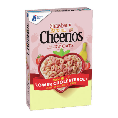 Strawberry Banana Cheerios cereal brings you the great taste of fresh cut juicy strawberries and perfectly ripe bananas. Made with real fruit puree and whole grain oats, this cereal is one the whole family will love.
