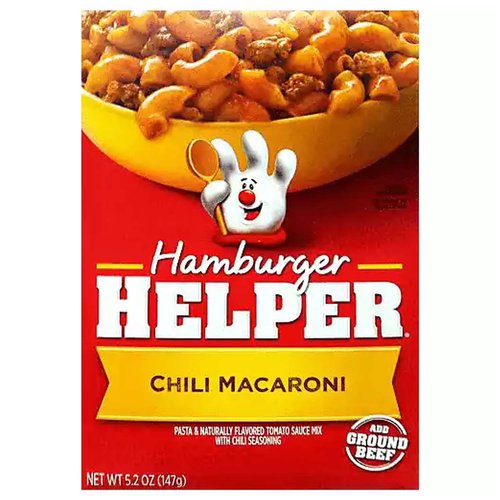 Hamburger Helper™ Chili Macaroni. Made with real spices. No artificial flavors or colors from artificial sources. Pasta & naturally flavored tomato sauce mix with other natural flavors and chili seasoning. Add ground beef. Per 1/4 cup as packaged: 100 Calories. 0g Sat fat, 0% DV. 440mg Sodium, 18% DV. 2g Sugars. Net Wt 5.2 oz (147 g).
Carbohydrate choices: 1 1/2. Partially produced with genetic engineering. Learn more at: ask.generalmills.com. 100% Recycled paperboard™. how2recycle.info. Questions Call: 1-800-828-3291 Mon.-Fri. 7:30 a.m.-5:30 p.m. CT. Visit: www.hamburgerhelper.com. © General Mills.