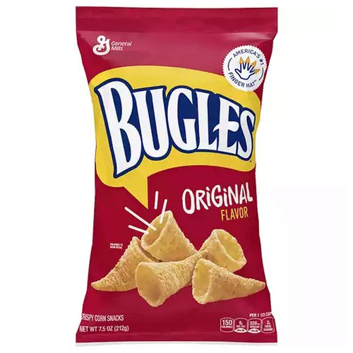 Per 1-1/3 Cups: 160 calories; 8 g sat fat (41% DV); 320 mg sodium (13% DV); 2 g total sugars. Carbohydrate Choices: 1. America's no 1 finger hat. Who should eat Bugles? Anyone. Hockey moms and referees. Father and son curling teams. Book clubbers. Landlubbers. Even party sound dubbers. Band leaders. Lead singers. Lion tamers. All-night gamers. Nine out of ten doctors. And everyone. Da ta dah. (hashtag)buglefingers. Bugles Nacho Cheese. Bugles Caramel. Bugles Ranch. Partially produced with genetic engineering. Learn more at Ask.GeneralMills.com. 1-800-231-0308 Mon-Fri 7:30 am - 5:30 pm CT. www.generalmills.com. Official Coupon: Box Tops for Education. how2recycle.info.