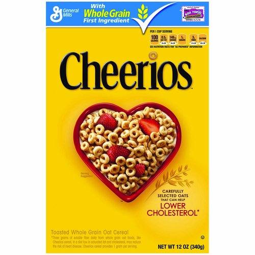 Toasted whole grain oat cereal. Made with 100% whole grain oats. Can help lower cholesterol (Three grams of soluble fiber daily from whole grain oat foods, like Cheerios cereal, in a diet low in saturated fat and cholestrol, may reduce the risk of heart disease. Cheerios provides 1 gram per serving.). Simply made. Grown milled toasted. Gluten free. No artificial flavors. No artificial colors. Per 1 Cup Serving: 100 calories; 0.5 g sat fat (3% DV); 140 mg sodium (6% DV); 1 g sugars. See nutrition facts for as prepared information. 24 g. Whole Grain Per Serving: at least 48 g recommended daily. First ingredient whole grain. A whole grain food is made by using all three parts of the grain. All General Mills Big G Cereals contain more whole grain than any other single ingredient. Box Top for Education. From our to yours. 100% whole grain oats your heart will thank you for it. These little Os are circular dynamos packed with soluble fiber that is linked with happy, healthy hearts (Three grams of soluble fiber daily from whole grain oat foods, like cheerios cereal, in a diet low in saturated fat and cholesterol, may reduce the risk of heart disease. Cheerios provides I gram per serving) - thanks for that, whole grain oats! Or just think of them as a delicious start to your day. Either way, it's 100% oat-loving awesomeness. General Mills is on a journey to always make our cereals better. How? Being responsible. We have committed to sustainably source 100% of our cereal boxes by 2020. giving back. Since 1996, our cereals have given more than $175 million to America's School through Box Tops for Education. Thats why. Cheerios 1 gram of sugar per serving. Not made with genetically modified ingredients (Trace amounts of genetically modified (also known as genetically engineered) material may be present due to potential cross contact during manufacturing and shipping). 12 vitamins and minerals. Proud Sponsor of: Celiac Disease Foundation. celiac.org. Gluten free. Not made with genetically modified ingredients. Trace amounts of genetically modified (also known as genetically engineered) material may be present due to potential cross contact during manufacturing and shipping. We serve the world by making food people love. We welcome your questions and comments generalmills.com 1-800-328-1144. This package is sold by weight, not by volume. You can be assured of proper weight even though some settling of contents normally occurs during shipment and handling. Exchange: 1-1/2 starch eased on Academy of Nutrition and Dietetics and American Diabetes Association criteria.