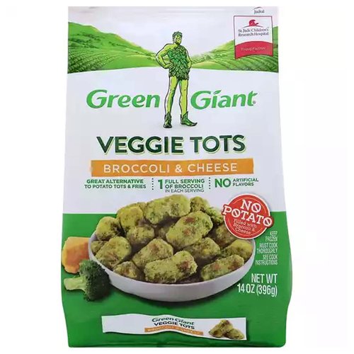 <ul>
<li>Green Giant Broccoli & Cheese Veggie Tots, 14 ounces</li>
<li>Move over potatoes - there's a new tot in town.</li>
<li>Great alternative to potato tots & fries.</li>
<li>1 full serving of broccoli in each serving.</li>
<li>Heat 'em up and enjoy as a side dish, snack, or party appetizer.</li>
</ul>
