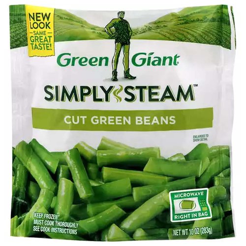 <ul>
<li>Green Giant Simply Steam Cut Green Beans</li>
<li>Microwave Right in Bag</li>
<li>New Look, Same Great Taste!</li>
</ul>