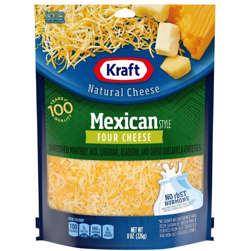 <ul>
<li>1-8 oz. bag of Kraft Natural Mexican Style Four Cheese Blend Shredded Cheese</li>
<li>Kraft Natural Mexican Style Four Cheese Blend Shredded Cheese is backed by years of cheese-making experience</li>
<li>Every batch of Kraft cheese starts with fresh milk for creamy flavor</li>
<li>Say yes to the rich cheese taste you and your family will love</li>
<li>Shredded cheese sprinkles evenly and melts easily</li>
<li>Enhance your next meal with Kraft Natural Mexican Style Four Cheese Blend Shredded Cheese</li>
<li>Resealable bag helps lock in flavor</li>
</ul>