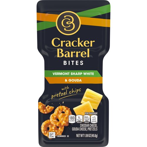 Cracker Barrel Bites Vermont Sharp White Cheddar & Gouda with mini pretzels is a discerningly selected and prepared snack mix featuring bite-sized cuts of cheese with mini pretzels.  This individually sealed single-serve snack contains Vermont sharp white cheddar cheese cuts, gouda cheese cuts, and mini pretzels.  With on-the-go convenience and 190 calories per serving, this 1.65 oz. snack tray helps satisfy your hunger between meals, giving you a tasty combination of flavors and textures whether you're at the office or on the move.  The Vermont sharp white cheddar and gouda cheese adds a rich and bold texture perfectly complemented by pretzels, making it a scrumptious snack. To ensure this travel size, cheese and pretzel snack pack has long-lasting freshness, store it in the fridge.