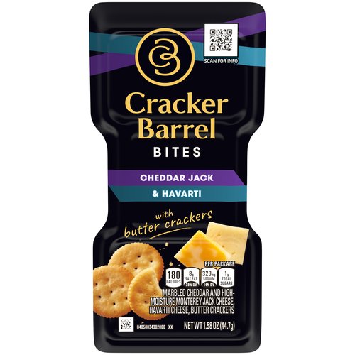 Cracker Barrel Bites Cheddar Jack & Havarti with Butter Crackers is a discerningly selected and prepared snack mix featuring bite-sized cuts of cheese with mini crackers.  This individually sealed single-serve snack contains cheddar jack and Havarti cheese cuts with mini butter crackers.  With on-the-go convenience and 190 calories per serving, this 1.58 oz. snack tray helps satisfy your hunger between meals, giving you a tasty combination of flavors and textures whether you're at the office or on the move.  The cheddar jack and Havarti add a rich and bold texture perfectly complemented by the crunch of butter crackers, making it a scrumptious snack. To ensure this travel size, cheese and cracker snack pack has long-lasting freshness, store it in the fridge.