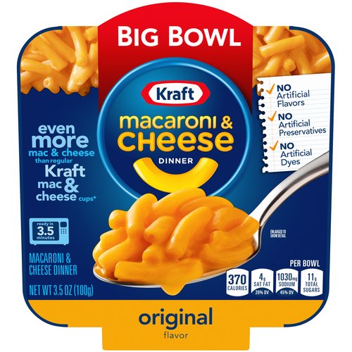 <ul>
<li>One 3.5 oz. Kraft Original Macaroni & Cheese Big Bowl Dinner</li>
<li>Kraft Original Macaroni & Cheese Big Bowl Dinner is an easy dinner that's ready in 3.5 minutes</li>
<li>Macaroni and cheese dinner includes macaroni pasta and original flavor cheese sauce mix</li>
<li>Contains no artificial flavors or preservatives and no artificial dyes</li>
<li>Easy mac and cheese is microwaveable for convenience</li>
<li>Bigger bowl has even more mac and cheese than regular Kraft Mac and Cheese Cups</li>
</ul>