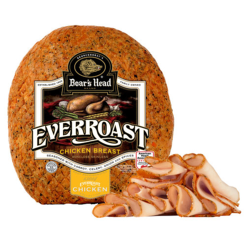 <br>Slow roasted for homestyle flavor, Boar’s Head® EverRoast® Chicken Breast is expertly seasoned with a traditional mirepoix of carrots, celery, onions and a medley of spices making each delicious slice simply the best roast chicken — ever.</br>

<br>Please let us know the weight and slice thickness options in the notes at the checkout. Final price will be adjusted based on the weight. </br>

<br></br>


Weight Options:

<ul>
<li>1/4 Pound (Serving of 1-2 sandwiches)</li>
<li>1/2 Pound (Serving of 2-4 sandwiches)</li>
<li>1 Pound (Serving of 4-8 sandwiches)</li>
<li>2 Pound (Serving of 8-16 sandwiches) </li>
</ul>

Slice Thickness Options:

<ul>
<li>Shaved</li>
<li>Very Thin</li>
<li>Thin Cut</li>
<li>Sandwich Cut </li>
<li>Dinner Cut </li>
</ul>

<br>Coated with: Brown Sugar, Carrot, Onion, Maltodextrin, Sea Salt, Dextrose, Spices, Garlic, Celery, Parsley, 2% or less of Carrot Powder, Canola Oil, Natural Flavor, Chicken Broth, Salt, Flavoring.</br>

<br>

Ingredients: Chicken Breast, Water, less than 1.5% of Salt, Maltodextrin, Sugar, Sodium Phosphate, Dextrose, Flavor, Chicken Broth.</br>