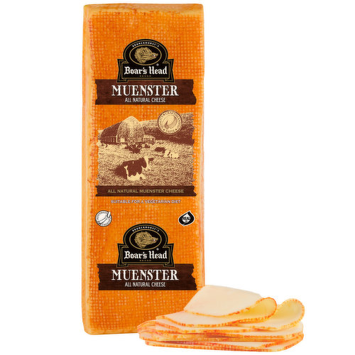 <br>Handcrafted in the traditional style under the patient supervision of Master Cheesemakers and encased in a an edible natural Annatto colored rind. This creamy cheese has a smooth texture and mellow flavor. Boar's Head® Muenster Cheese is made in Wisconsin with whole cow's milk. </br>

<br>Please let us know the weight options in the notes at the checkout. Final price will be adjusted based on the weight. </br>

<br></br>


Weight Options:

<ul>
<li>1/4 Pound </li>
<li>1/2 Pound </li>
<li>1 Pound </li>
<li>2 Pound </li>
</ul>

<br>Ingredients: Pasteurized Milk, Cheese Cultures, Salt, Enzymes, Annatto (Vegetable Color).</br>