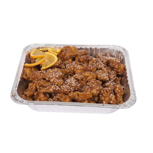 Party pan of fried orange chicken - 4 lbs.  Perfect for any party occasion. 

Serves 10-12 people.