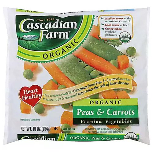 <ul>
<li>USDA Organic</li>
<li>Excellent Source of Antioxidant Vitamin A</li>
<li>Good Source of Fiber</li>
<li>Grown without synthetic pesticides</li>
<li>Heart Healthy: Diets containing foods like Cascadian Farm Peas & Carrots that are low in saturated fat & cholesterol may reduce the risk of heart disease.</li>
<li>Premium Vegetables</li>
<li>Keep Frozen</li>
</ul>