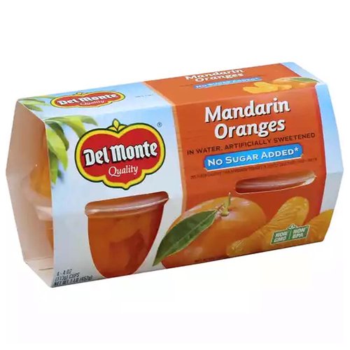 Del Monte Fruit Cups, Mandarin Oranges, No Sugar (Pack of 4)