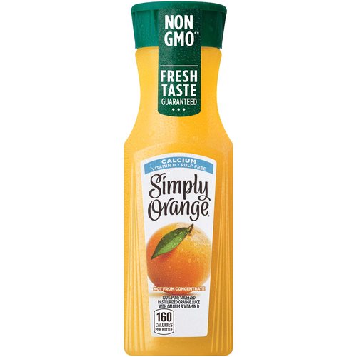 <ul>
<li>Non-GMO Project Verified — Ingredients in this beverage are not genetically engineered</li>
<li>Pulp-free orange juice</li>
<li>Excellent source of vitamin C and calcium and a good source of vitamin D</li>
<li>Pure-squeezed and pasteurized — We never use concentrated or frozen orange juice</li>
<li>With Simply, you always have a “Fresh Taste Guarantee”</li>
</ul>