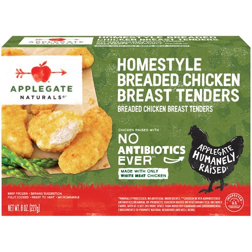 <ul>
<li>Applegate Natural Homestyle Chicken Tenders-8oz (Frozen)</li>
<li>No Antibiotics or Added Hormones</li>
<li>No Chemical Nitrites or Nitrates</li>
<li>No Artificial or GMO Ingredients</li>
<li>Humanely Raised</li>
<li>Dairy Free</li>
<li>Casein Free</li>
</ul>