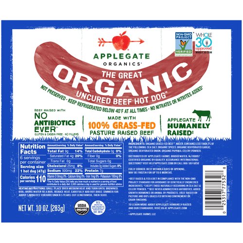 <ul>
<li>Applegate The Great Organic Uncured Beef Hot Dog - 10oz</li>
<li>No Antibiotics or Added Hormones</li>
<li>No Chemical Nitrites or Nitrates</li>
<li>Non-GMO Project Verified</li>
<li>Humanely Raised</li>
<li>Whole 30 Approved</li>
<li>100% Grass-Fed and Pasture-Raised, Gluten Free, USDA Organic, Sugar Free, Dairy Free & Casein Free</li>
</ul>