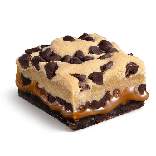Golden chocolate chip cookie dough and moist fudge brownie are baked together with a layer of luscious caramel and extra chocolate chips.