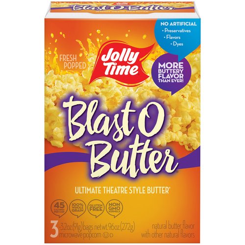 <ul>
<li>Fresh Popped</li>
<li>More Buttery Flavor than Ever!</li>
<li>45 calories per cup.</li>
<li>100% whole grain.</li>
<li>Gluten Free</li>
<li>Non-GMO kernels.</li>
<li>No artificial
• Preservatives
• Flavors
• Dyes</li>
</ul>