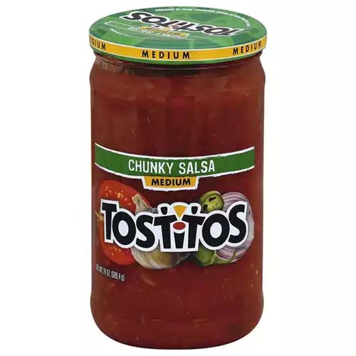 <ul>
<li>Enjoy this salsa with TOSTITOS SCOOPS! Tortilla Chips</li>
<li>A little extra spice than the mild salsa</li>
<li>Great for your next party or family gathering</li>
<li>24.0 oz. of TOSTITOS Chunky Salsa - Medium</li>
</ul>