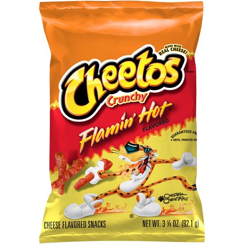<ul>
<li>3.25 Oz bag of CHEETOS Crunchy FLAMIN' HOT Cheese Flavored Snacks</li>
<li>Great bag size for sharing with a friend</li>
<li>Gluten free</li>
<li>Delicious CHEETOS snack cheesiness with a hot flavor</li>
</ul>