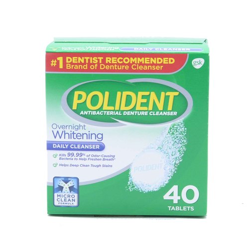 A fresh, overnight denture clean has never been easier!  Polident Overnight Whitening Denture Cleanser kills 99.99% of odor-causing bacteria in just one overnight clean.*  Its formula is specially formulated to clean deeply and help reduce plaque buildup, restoring your dentures to their natural color.  And unlike some toothpastes, Polident Denture Cleaner tablets have a non-abrasive formula, so they clean without scratching, leaving fewer places for odor-causing bacteria to grow.  All Polident products clean denture materials gently, so you can feel confident about your smile all day long.  Plus, they come in a variety of additional formulas, including 3 Minute, Smokers, Dentu-Crème and Partials, so no matter what type of gentle denture cleaner you need, we have the solution for you.  Polident is the #1 dentist recommended brand of denture cleanser.  Try Polident Overnight Whitening Denture Cleanser tablets today to help maintain good oral health and keep your smile fresh.  And for all your denture adhesive needs, try Super Poligrip for a strong, all-day hold.  *soaking only, in laboratory testing.