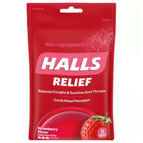 Halls Menthol Drops, Cough Suppressant, Strawberry