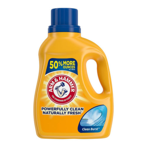 Value matters when it comes to laundry wash detergent. ARM & HAMMER Clean Burst is concentrated with 2X powerful stain fighters in every drop vs. leading bargain detergent. With the cleaning and freshening power of ARM & HAMMER Baking Soda, this liquid concentrated laundry detergent delivers the clean you need. This washing detergent leaves clothes powerfully clean and naturally fresh, and is designed to power out dirt and odors. Its low-sudsing formula rinses clean and is designed to work in both standard machines and today's energy conscious High Efficiency (HE) models. Its liquid concentrated formula delivers a powerful clean, plus it keeps your laundry smelling Clean Burst fresh. Many of our laundry, cat litter, toothpastes and personal care products are made with ARM & HAMMER Baking Soda, delivering the quality you can count on, from the brand you trust. Versatile and affordable, for generations of families, ARM & HAMMER Baking Soda has been the standard of purity, and a trusted household staple in millions of cabinets and pantries.<br><br>

CONCENTRATED WITH 2X POWERFUL STAIN FIGHTERS IN EVERY DROP vs leading bargain detergent. This formulation uses less water than the prior formula, which means that you can expect power-packed clean out of every bottle and great results on wash day.<br><br>

POWERFULLY CLEAN, NATURALLY FRESH. The deep-cleaning power of our trusted ARM & HAMMER concentrated liquid laundry detergent is formulated to get out tough dirt and odors. This washing detergent delivers value in every load of laundry combined with the cleaning power and freshness of ARM & HAMMER Baking Soda.<br><br>

CLEAN BURST SCENT LEAVES LAUNDRY SMELLING FRESH AND CLEAN. Our trusted liquid concentrated laundry detergent infuses a fresh scent to towels, sheets, team uniforms, and more. This laundry wash detergent has a crisp, just-washed fragrance.<br><br>

CLEAN RINSE WITH LOW-SUDS FORMULA. This washing detergent works on tough grime, dirt, and stains with a low-suds formula. The result is an effective, high efficiency laundry detergent that delivers concentrated laundry washing power in every load.<br><br>

WORKS IN ALL MACHINES & ALL TEMPERATURES. Designed to work in both standard and HE washing machines, our liquid concentrated laundry detergent handles your toughest loads in all water temperatures. This liquid washing detergent is ideal for cold water laundry loads and as a High Efficiency (HE) laundry detergent liquid.<br><br>

THE FRESHENING POWER OF ARM & HAMMER BAKING SODA. Our liquid concentrated laundry detergent is blended with the trusted power of ARM & HAMMER Baking Soda plus odor neutralizers for freshness. This liquid laundry detergent powers out tough dirt and odors to deliver a burst of clean freshness to your laundry.