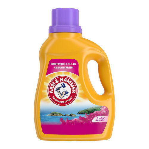 An alluring, island-inspired scent that leaves your laundry clean is what you get in every bottle, ARM & HAMMER Tropical Paradise liquid laundry detergent is concentrated with 2X powerful stain fighters in every drop vs. the leading bargain detergent. It leaves clothes powerfully clean and vibrantly fresh. The special, low-sudsing formula in this washing detergent rinses clean and is designed to work in both standard machines and today's energy conscious High Efficiency (HE) models. This liquid laundry detergent gives your clothes an inviting burst of island-inspired fragrance. Many of our laundry, cat litter, toothpastes and personal care products are made with ARM & HAMMER Baking Soda, delivering the quality you can count on, from the brand you trust. Versatile and affordable, for generations of families, ARM & HAMMER Baking Soda has been the standard of purity, and a trusted household staple in millions of cabinets and pantries.<br><br>

CONCENTRATED WITH 2X POWERFUL STAIN FIGHTERS IN EVERY DROP vs. leading bargain detergent. This formulation uses less water than the prior formula, which means that you get can expect a power-packed clean out of every bottle and great results on wash day.<br><br>

A VIBRANT LAUNDRY SCENT INSPIRED BY NATURE. This liquid laundry washing detergent is like a tranquil island escape in every bottle that fights dirt and unpleasant odors. Load after load, its economical concentrated formula leaves your clothes vibrantly fresh with a refreshing Tropical Paradise scent.<br><br>

POWERS OUT TOUGH DIRT AND ODORS. This washing detergent has an easygoing Tropical Paradise scent, but it works hard to fight tough stains, grime, and odors in every load. This concentrated laundry liquid has the trusted power of ARM & HAMMER Baking Soda for freshness.<br><br>

CLEAN RINSE WITH A LOW-SUDS FORMULA. This washing detergent works on tough grime, dirt, and stains with a low-suds formula. You’re left with clean laundry that’s ARM & HAMMER fresh with an inviting burst of island-inspired fragrance.<br><br>

WORKS IN STANDARD AND HIGH EFFICIENCY (HE) MODELS. Our concentrated liquid detergent handles your toughest loads in all temperatures. This washing detergent is ideal for cold water laundry loads and as a High Efficiency (HE) laundry detergent liquid that delivers a powerful clean. The soaps in this liquid laundry detergent are also biodegradable and safe for septic systems.