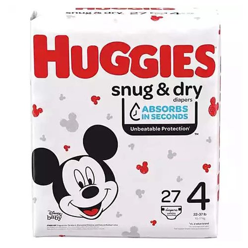 Huggies Snug & Dry Diapers give baby up to 12 hours of long-lasting protection with our trusted Leak Lock System. Featuring new and improved leakage protection,* Snug & Dry absorbs wetness in seconds and helps separate moisture from baby's sensitive skin. Snug & Dry Diapers have a contoured shape for better leakage protection while baby is sleeping, crawling and walking. They also come with a wetness indicator that changes from yellow to blue when baby is ready for a diaper change. Snug & Dry disposable diapers are hypoallergenic, fragrance free and free of parabens, elemental chlorine & natural rubber latex. Featuring fun Disney Mickey Mouse designs, Snug & Dry Diapers are available in sizes Newborn (up to 10 lb.), 1 (8-14 lb.), 2 (12-18 lb.), 3 (16-28 lb.), 4 (22-37 lb.), 5 (27+ lb.) and 6 (35+ lb.). Join Huggies Rewards to earn 10 points for every dollar spent on Huggies diapers and wipes. Points are redeemable for products, gift cards, sweepstakes and more. You'll also receive exclusive diaper coupons, offers and updates. (*sizes 3-6)