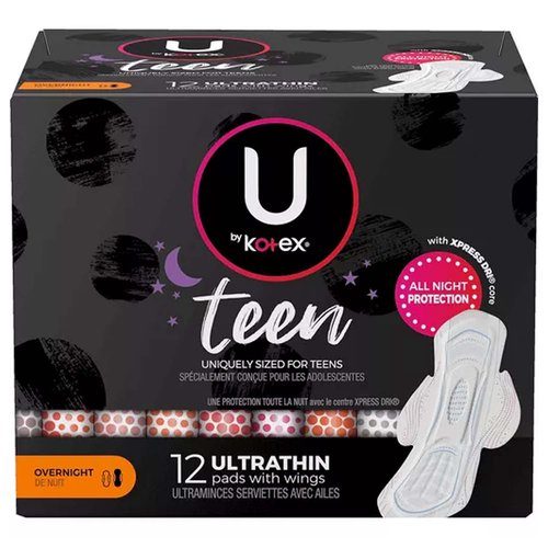 U by Kotex Teen Ultra Thin Unscented Overnight Feminine Pads with Wings