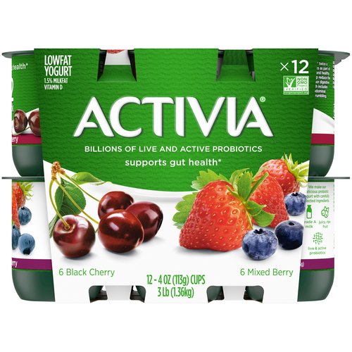 <ul>
<li>Probiotic low-fat yogurt</li>
<li>Black cherry and mixed berry flavors</li>
<li>Single-serve cups</li>
<li>Supports gut health with live and active probiotics</li>
<li>Non-GMO Project Verified</li>
<li>Part of a healthy lifestyle</li>
</ul>