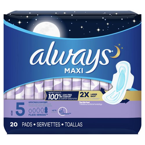 Always Maxi Pads, Size 5 Extra, Heavy Overnight Absorbency, Unscented with Wings