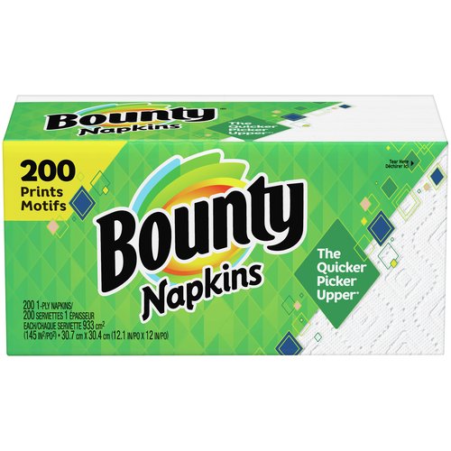 <ul>
<li>2X stronger (when wet vs. leading brand)</li>
<li>Just one napkin keeps you covered for the whole meal</li>
<li>Available in White and Everyday prints</li>
<li>Bounty Napkins
</ul>