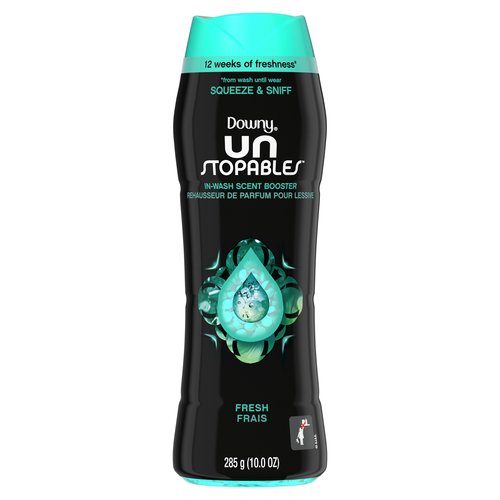 <ul>
<li>Downy Unstoppables In-Wash Scent Booster adds 12 weeks of freshness that elevates the everyday (freshness out of storage)</li>
<li>FRESH is a bright, vibrant, and airy scent.</li>
<li>Downy Unstoppables In-Wash Scent Booster can be used on all colors and fabrics, and is safe to use in all washing machines.</li>
<li>Shake a little or a lot of Downy Unstoppables laundry scent beads into the cap.  Toss into the washer at the beginning of the wash—before clothes, laundry detergent, and fabric softener</li>
<li>Unstoppables FRESH In-Wash Scent Booster</li>
</ul>
