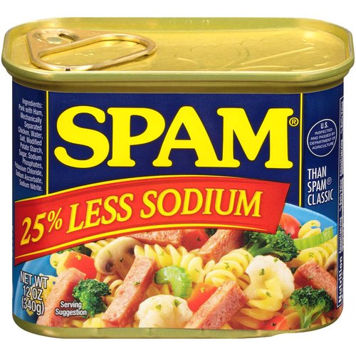 <ul>
<li>Break the Monotony</li>
<li>Just add Spam Less Sodium</li>
<li>Luncheon Meat</li>
<li>Sizzle pork and MMM</li>
<li>Spam is a registered trademark of Hormel Foods, LLC.</li>
<li>Recyclable aluminum.</li>
<li>25% Less Sodium than Classic Spam</li>
<li>US Inspected and Passed by Department of Agriculture.</li>
</ul>