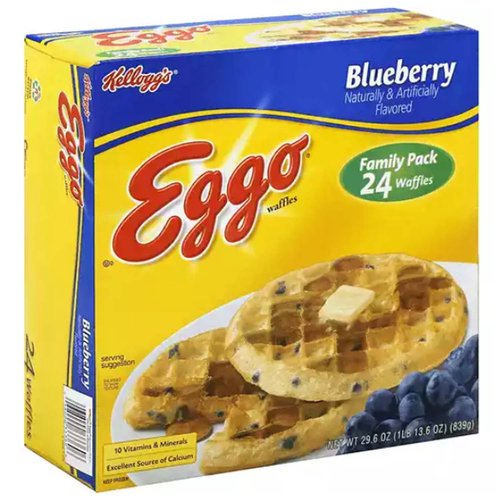 The yummy taste of your favorite classic Eggo waffle with a sweet berry flavor in every bite

Crisp, golden and fluffy, our waffles are made with delicious ingredients and the flavor of blueberries for an irresistible homemade taste

Good source of 9 vitamins and minerals; Colors and flavors from natural sources; Kosher Dairy

Quick, convenient, and easy to prepare; Just pop in the toaster or oven for a warm family-favorite breakfast; Great for kids and adults

Includes 1, 29.6-ounce family-sized box containing 24 waffles; Packaged for great taste