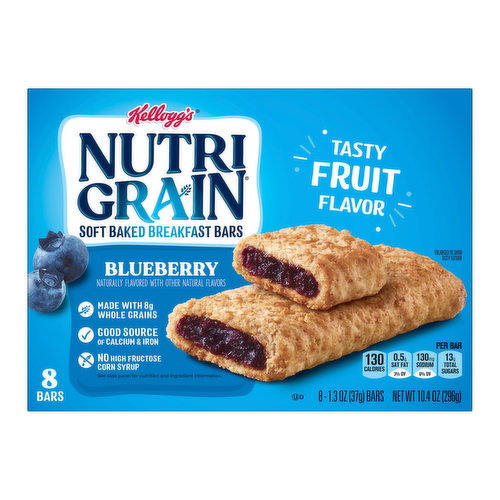Made with the tasty flavor of blueberries and whole grains, Nutri-Grain Soft Baked Breakfast Bars make a delicious addition to any balanced breakfast and perfect on-the-go snacks

Rise and thrive with a soft, chewy crust made with whole grains and a sweet, blueberry flavored filling for feel-good mornings

Good source of 8 vitamins and minerals; Made with whole grain; No high fructose corn syrup, artificial flavors, or colors from artificial sources; Kosher dairy; Contains wheat, milk, and soy ingredients

Convenient, travel-ready, and ideal for on-the-go moments and busy mornings; Stock your home pantry, stow at the office, and pack in a backpack or tote bag

Includes 1, 10.4-ounce box containing 8, 1.3-ounce soft baked breakfast bars; Ready-to-eat; Individually wrapped for convenience, freshness, and great taste