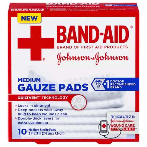 <ul>
<li>10-count of Band-Aid Brand Medium Sterile Gauze Pads measuring 3 inches x 3 inches in size</li>
<li>Individually-wrapped sterile pads are designed to better protect minor cuts, scrapes and burn</li>s
<li>Made with Quilt-Aid Technology with deep pockets to wick away fluid and help keep wounds clean</li>
<li>When using ointment, Quiltvent Technology keeps it in place to help with wound healing process</li>
<li>Each gauze pad has eight double-thick layers of pillow-soft, extra cushioning</li>
<li>These medium sterile pads are non-adhesive and are available in a square, 3 inch x 3 inch size</li>
<li>From the #1 doctor-recommended brand, these gauze pads are not made with natural rubber latex</li>
</ul>
