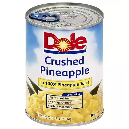 <ul>
<li>NO ADDED SUGAR: DOLE Crushed Pineapple in 100% Pineapple Juice is filled with all the deliciousness you find in whole pineapples, with no added sugar.  Perfect for fruit smoothies, baking, cottage cheese, and cakes.</li> 
<li>NATURALLY GLUTEN FREE: DOLE Crushed Pineapple in 100% Juice is rich in Vitamin C and is made from all natural fruit and Non-GMO ingredients.  It's naturally gluten free and Kosher, and great for recipes like candied pineapple!</li>
<li>DELICIOUS PINEAPPLE: With Dole's shelf-stable pineapple products, you can have the delicious taste of refreshing pineapple anywhere, anytime.  Try Dole's pineapple chunks, pineapple tidbits, crushed pineapple, and pineapple juice.</li>
<li>HEALTHY SNACKS AND JUICES: From packaged shelf stable fruit, to dried fruit, fruit juices, and frozen fruit, Dole is a world leader in growing, sourcing, distributing, and marketing packaged fruit and healthy snacks to brighten your day.</li>
<li>REFRESHING FLAVOR: Try the refreshing bright flavor of Dole's packed fruit, fruit juice, and other pantry staples in all your favorite recipes!</li>
</ul>
