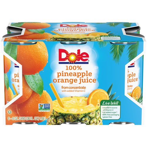 Dole 100% Pineapple Orange Juice, Cans (Pack of 6) 