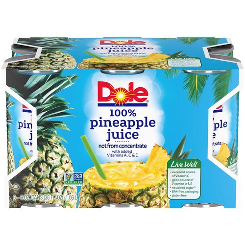 Dole 100% Pineapple Juice, Cans (Pack of 6)