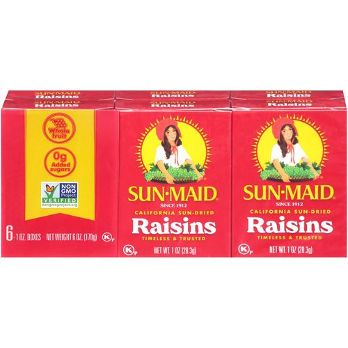 <ul>
<li>California Sun-Dried Raisins</li>
<li>Timeless & Trusted</li>
<li>Sun-Maid Quality Seal Since 1912</li>
</ul>