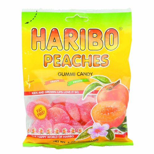 Haribo® Peaches™ Gummi™ Candy. Naturally and artificially flavored. Kids and grown-ups love it so... the happy world of Haribo!®. Net Wt 5 oz (142 g).
