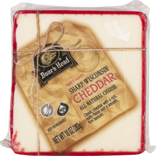 <br>Selected by Cheese Graders at the peak of flavor, this cheese has an unmistakably sharp taste with a balanced finish. Boar's Head® Wisconsin Cheddar Cheese is aged for nine months to produce its distinctive flavor and smooth texture. </br>

<br>Ingredients: Pasteurized Milk, Cheese Cultures, Salt, Enzymes.</br>