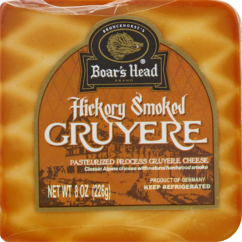 <br>Imported from Germany, this classic Alpine style cheese has a nuanced, nutty flavor that is enhanced by a natural smoking process that imparts subtle woodsy notes. Boar's Head® Hickory Smoked Gruyere Cheese has an exceptionally creamy texture.</br>

<br>Ingredients: Gruyere Cheese (Pasteurized Milk, Cheese Cultures, Salt, Enzymes), Water, Sodium Phosphate, Sodium Citrate.</br>
