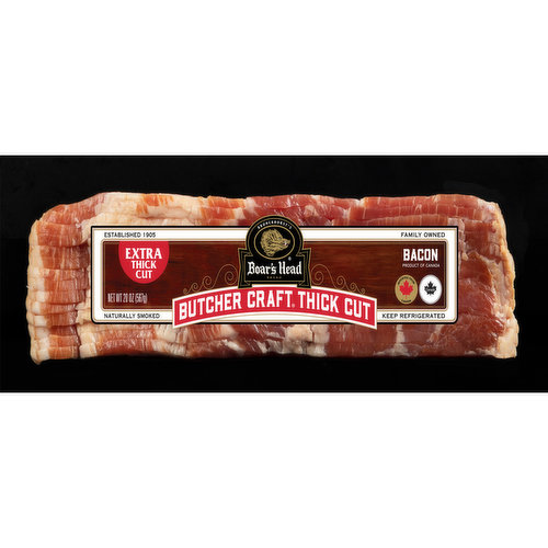 Made with hand-selected, top-quality pork belly, Boar's Head Butcher Craft® Extra Thick Cut Bacon is smoked with hardwood chips for just the right amount of smoky flavor and then generously cut for the bacon lover in each of us.