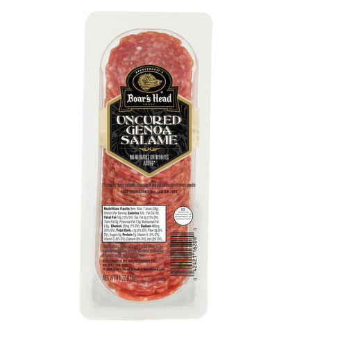 <br>Hand-crafted according to century-old Salumiere traditions, Boar's Head Uncured Genoa Salami boasts a robust flavor from an expert blend of pork and beef with peppercorns. </br>

<br>Ingredients: Pork, Sea Salt, Less than 2% of: Turbinado Sugar, Spices, Natural Flavoring, Organic Wine, Lactic Acid Starter Culture.</br>