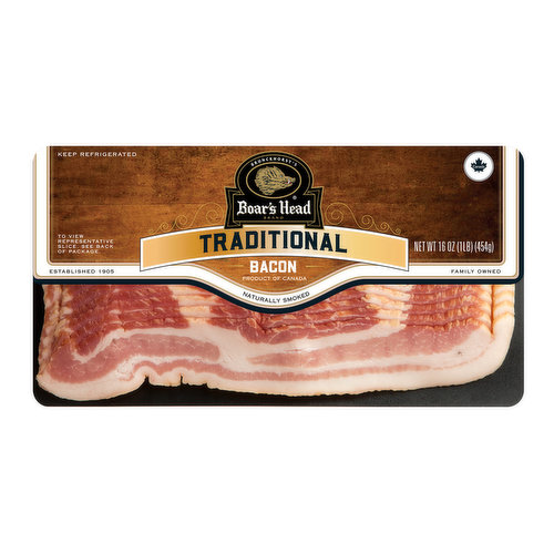 <br>Crafted with top-quality pork belly, this bacon is smoked with hardwood chips and cooked to perfection. Boar's Head® Naturally Smoked Bacon packs  farm-fresh flavor into each slice. </br>

<br>Cured with: Water, Salt, Sugar, Sodium Phosphate, Sodium Erythorbate, Sodium Nitrite.</br>