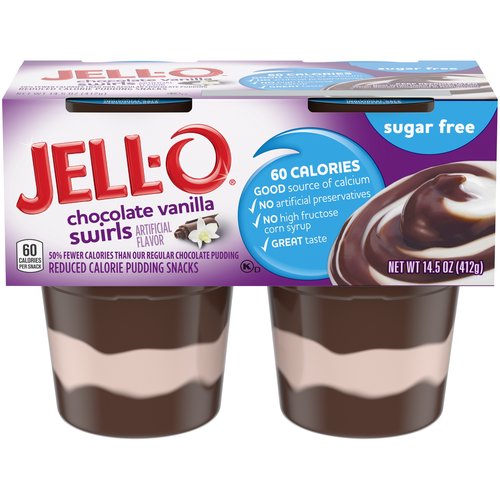 <ul>
<li>One 4 ct. sleeve pack of JELL-O Sugar Free Ready to Eat Chocolate Vanilla Swirls Pudding.</li>
<li>JELL-O Sugar Free Chocolate Vanilla Swirls Pudding is a delicious on the go snack</li>
<li>Enjoy a sugar free chocolate and vanilla swirl pudding snack</li>
<li>JELL-O Chocolate Vanilla Swirls Pudding has 50% fewer calories than regular JELL-O Chocolate Pudding</li>
<li>JELL-O Pudding contains no artificial preservatives and no high fructose corn syrup</li>
<li>60 calories per serving</li>
<li>Individual JELL-O Cups are perfect for lunchboxes or at-home snacking</li>
</ul>