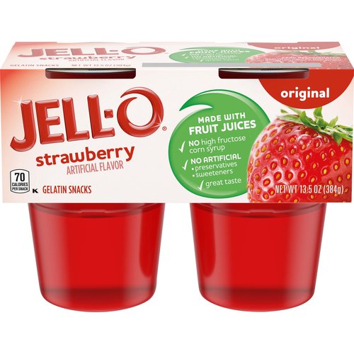 Jell-O Original Strawberry Artificially Flavored Ready-to-Eat Gelatin Snack  Cups, 4 ct Cups