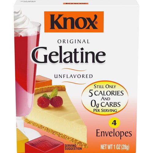 <ul>
<li>1-1 oz. box of Knox Unflavored Gelatin</li>
<li>Knox Unflavored Gelatin is plain gelatin that's perfect for making a wide variety of desserts</li>
<li>Contains zero carbs and 5 calories per serving</li>
<li>Gelatin packets come sealed for lasting freshness until you're ready to enjoy</li>
<li>This no carb thickener is an essential ingredient in many dessert recipes</li>
<li>Try making parfaits, cheesecake or homemade marshmallows</li>
<li>Add your favorite fruit juice to make a classic fruity gelatin treat</li>
</ul>