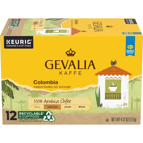 <ul>
<li>One 12 ct. box of Gevalia Colombian Coffee K Cup Coffee Pods</li>
<li>Gevalia Colombian Coffee K Cup Coffee Pods are rich and never bitter</li>
<li>Box of Colombian coffee pods delivers medium bodied, rich and bright flavor</li>
<li>Crafted from 100% Arabica coffee beans sourced from the mountains of Colombia</li>
<li>K Cup pods are compatible with all Keurig 1.0 & 2.0 brewing systems</li>
<li>Single-serve pods lock in flavor until you are ready to enjoy</li>
<li>Great for those keeping Kosher</li>
</ul>